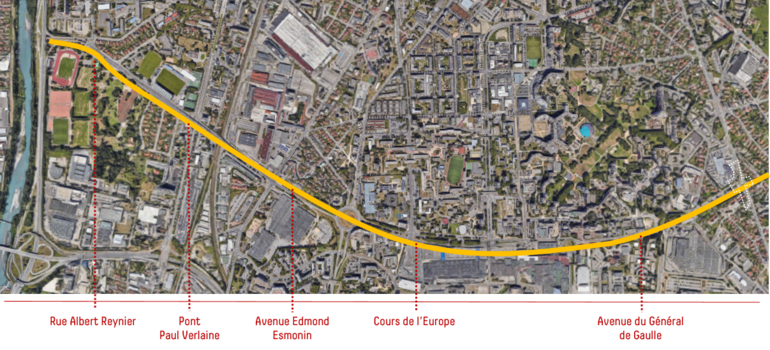 Plan de l'agglomération montrant la Rue Albert Reynier, l'Avenue Paul Verlaine, l'Avenue Edmond Esmonin, le cours de l’Europe, et l'Avenue Général de Gaulle