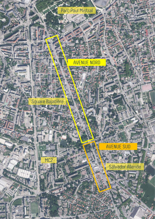 Vue aérienne de Grenoble, deux secteurs encadrés, &quot;Avenue Nord&quot; et &quot;Avenue Sud&quot;. Ils sont situés entre le Parc Paul mistral, le Square Bajatière, la MC2 et le stade Salvador Allende