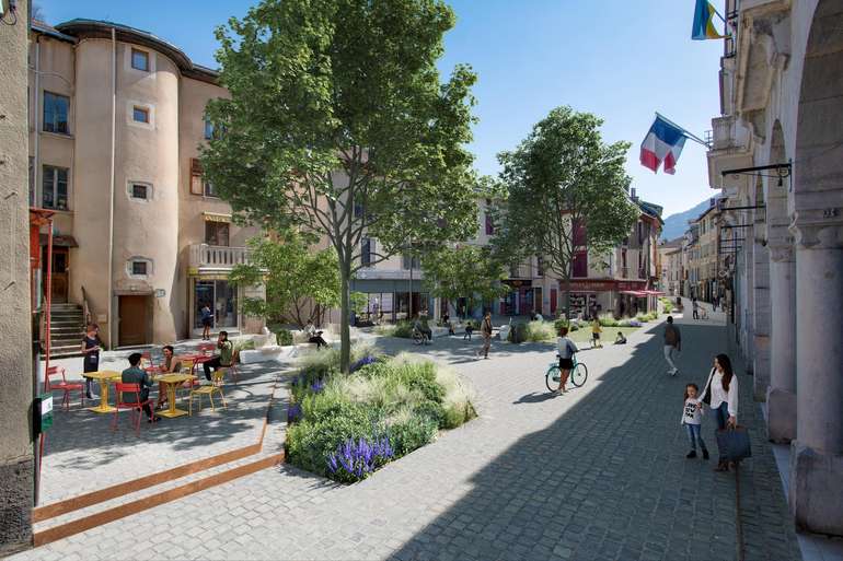 La rue piétonnisée (pavés au sol, ilots végétalisés ...)