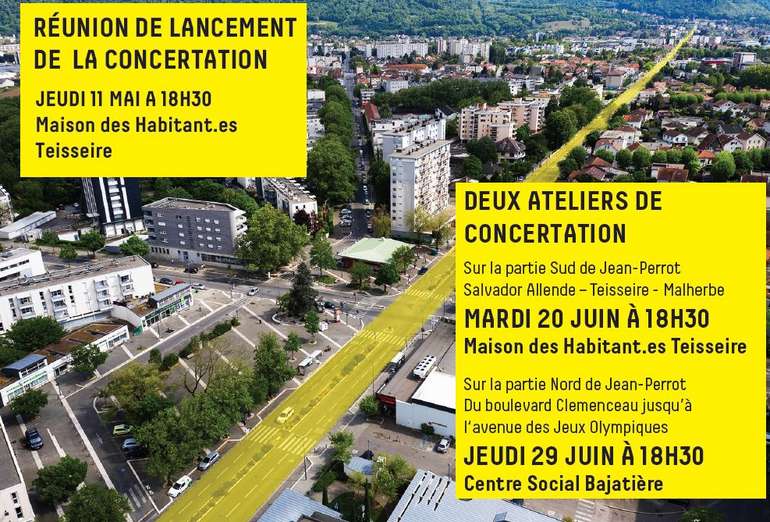 Visuel de la concertation avec l'avenue en surbrillance jaune et les dates des événements