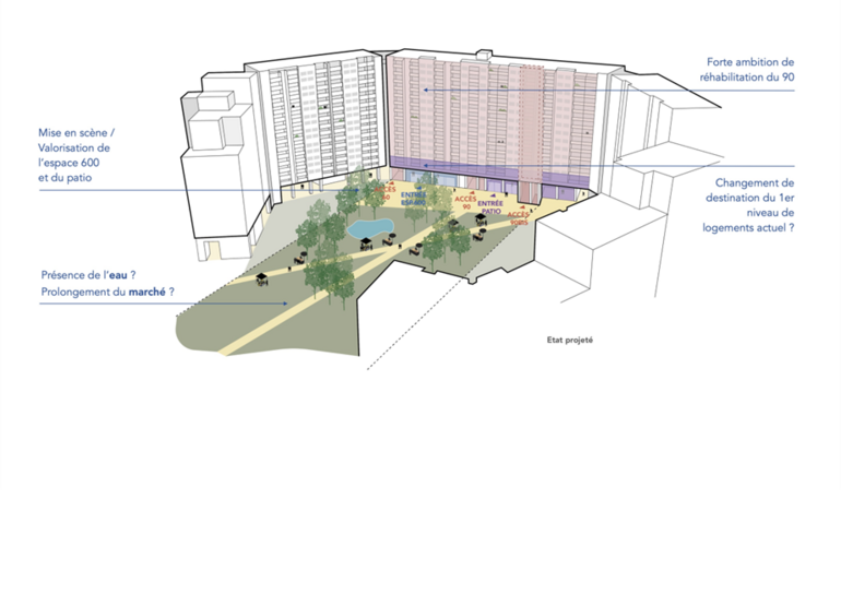 Plan de l'articulation du Patio avec les espaces publics