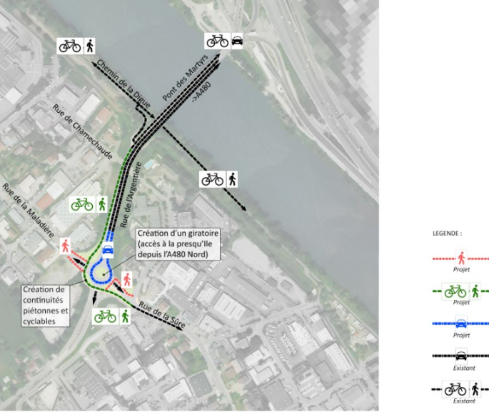 Plan présentant la création d'un giratoire ouvrant l'accès à la Presqu'Ile depuis l'A480 Nord) et la création de continuités piétonnes et cyclables sur la rue de l'Argentière et le pourtour du carrefour